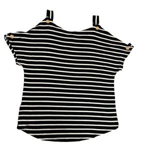 Cable and Gauge NWT Open Shoulder Blouse Black White Stripes Gold Buttons Size S